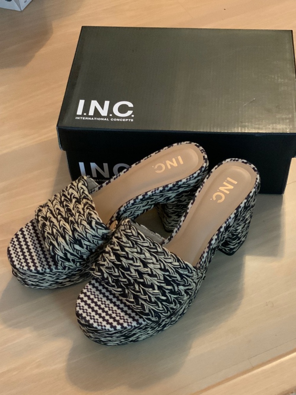 INC International Concepts Black and Cream Woven Platform Mules